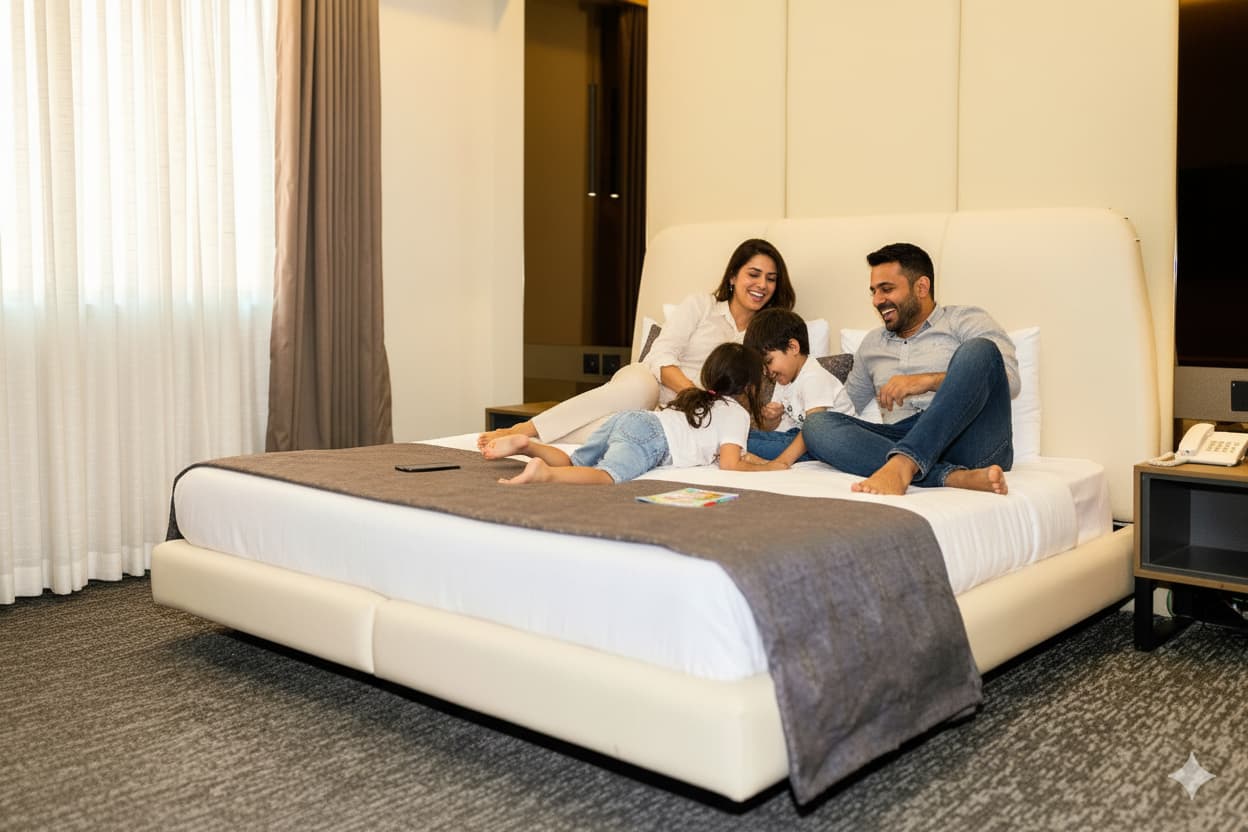 Couple relaxing on a cozy hotel bed at LEORK Hotels Rawalpindi, watching TV and enjoying a romantic stay