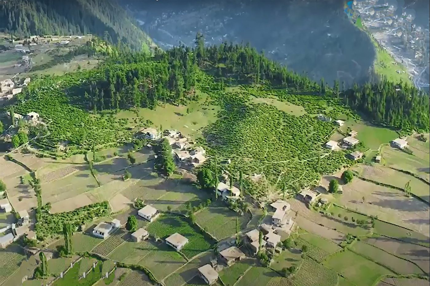 Aerial view of Boyun village, known as Green Top, above Kalam Valley