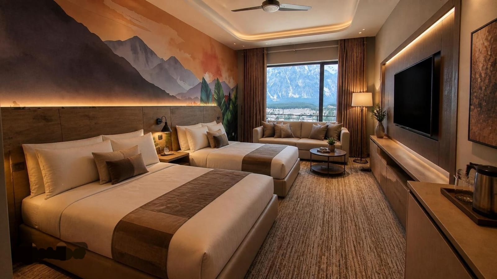 Guest room at LEORK Hotel Kalam with mountain mural and valley view window