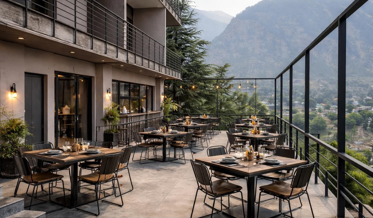 Treehouse Restaurant terrace at LEORK Hotel Kalam overlooking Swat Valley