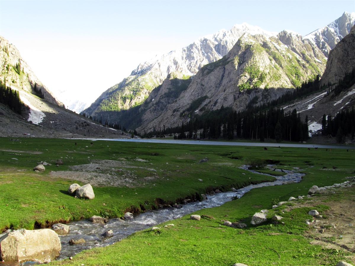 Green summer meadows and a stream flowing into Mahodand Lake near Kalam, with snow-patched mountains behind.