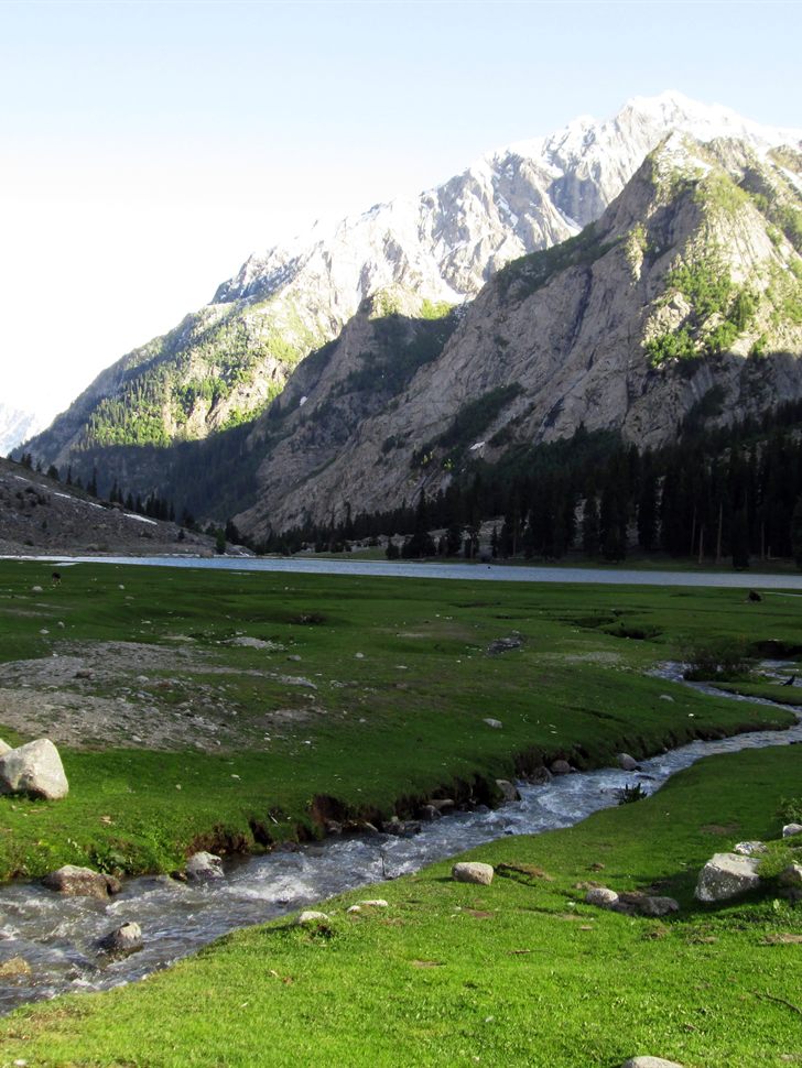 Green summer meadows and a stream flowing into Mahodand Lake near Kalam, with snow-patched mountains behind.
