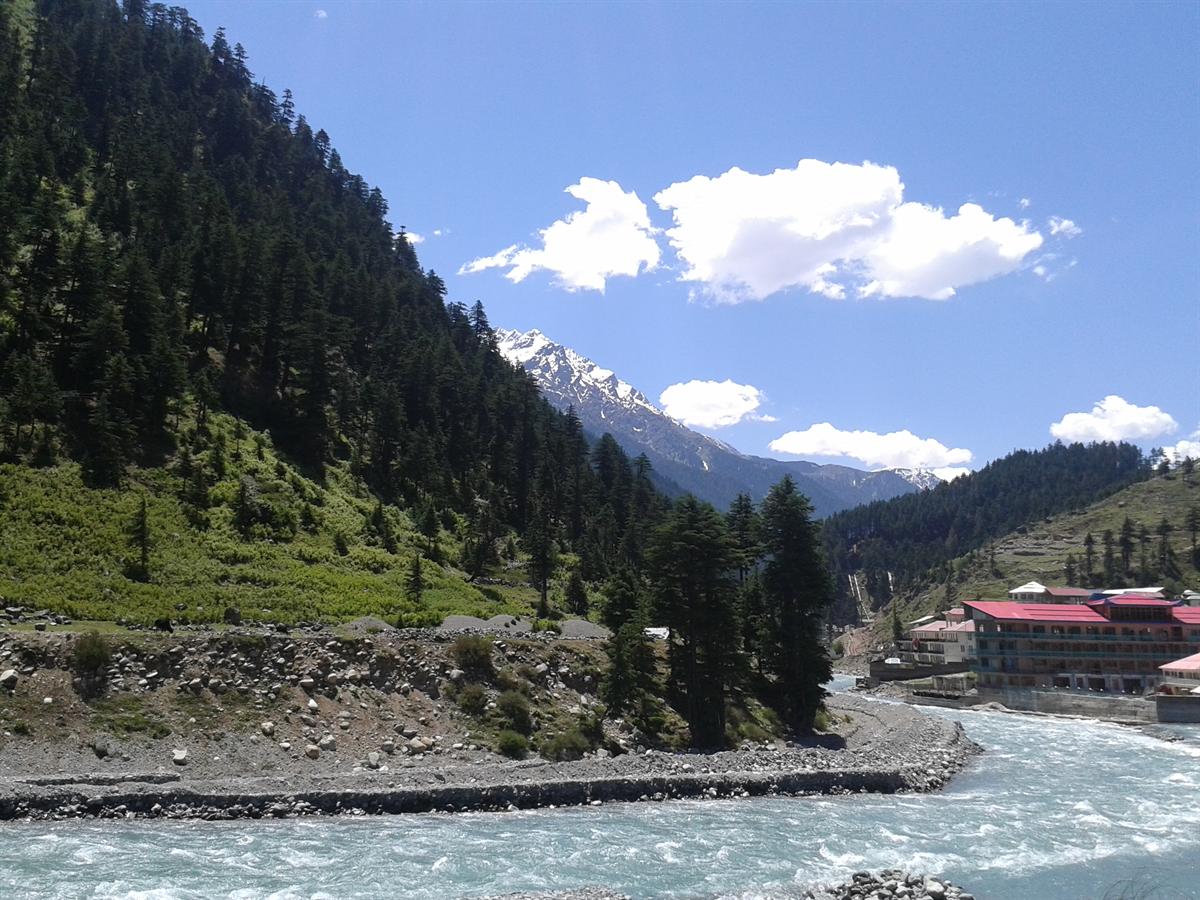 Milky blue Swat River flowing past hotels and forested slopes near Kalam town