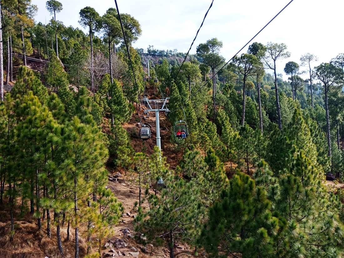Patriata chairlift carrying visitors over pine forest near New Murree