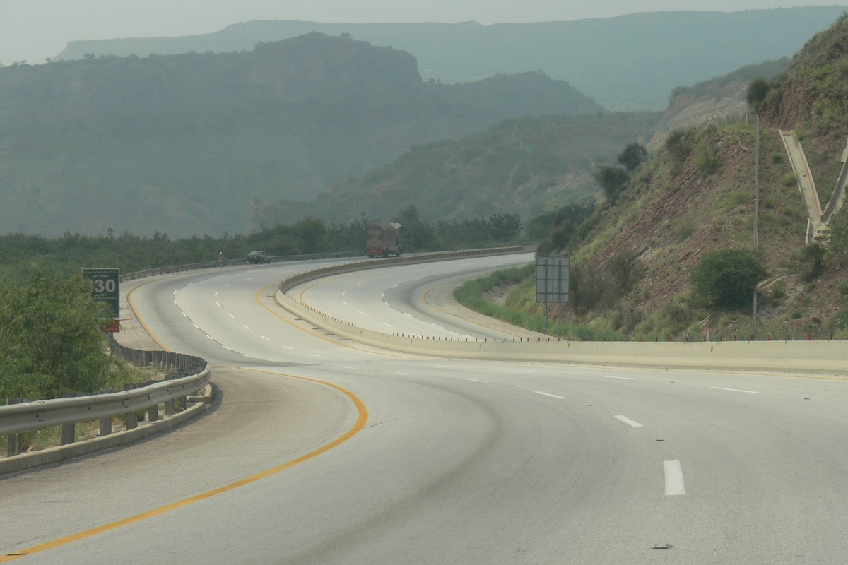 The M-2 motorway curving through the Salt Range hills between Lahore and Islamabad.
