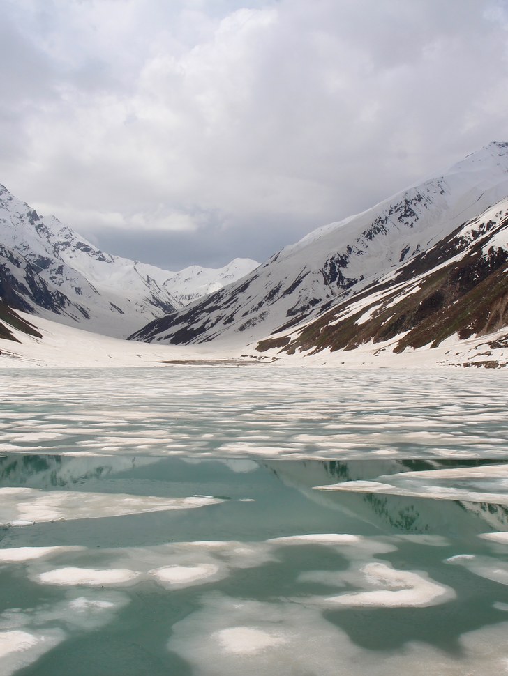 Partly frozen Saif-ul-Malook Lake under snow peaks in the Kaghan Valley.