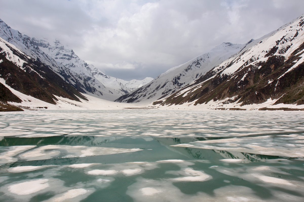 Partly frozen Saif-ul-Malook Lake under snow peaks in the Kaghan Valley.