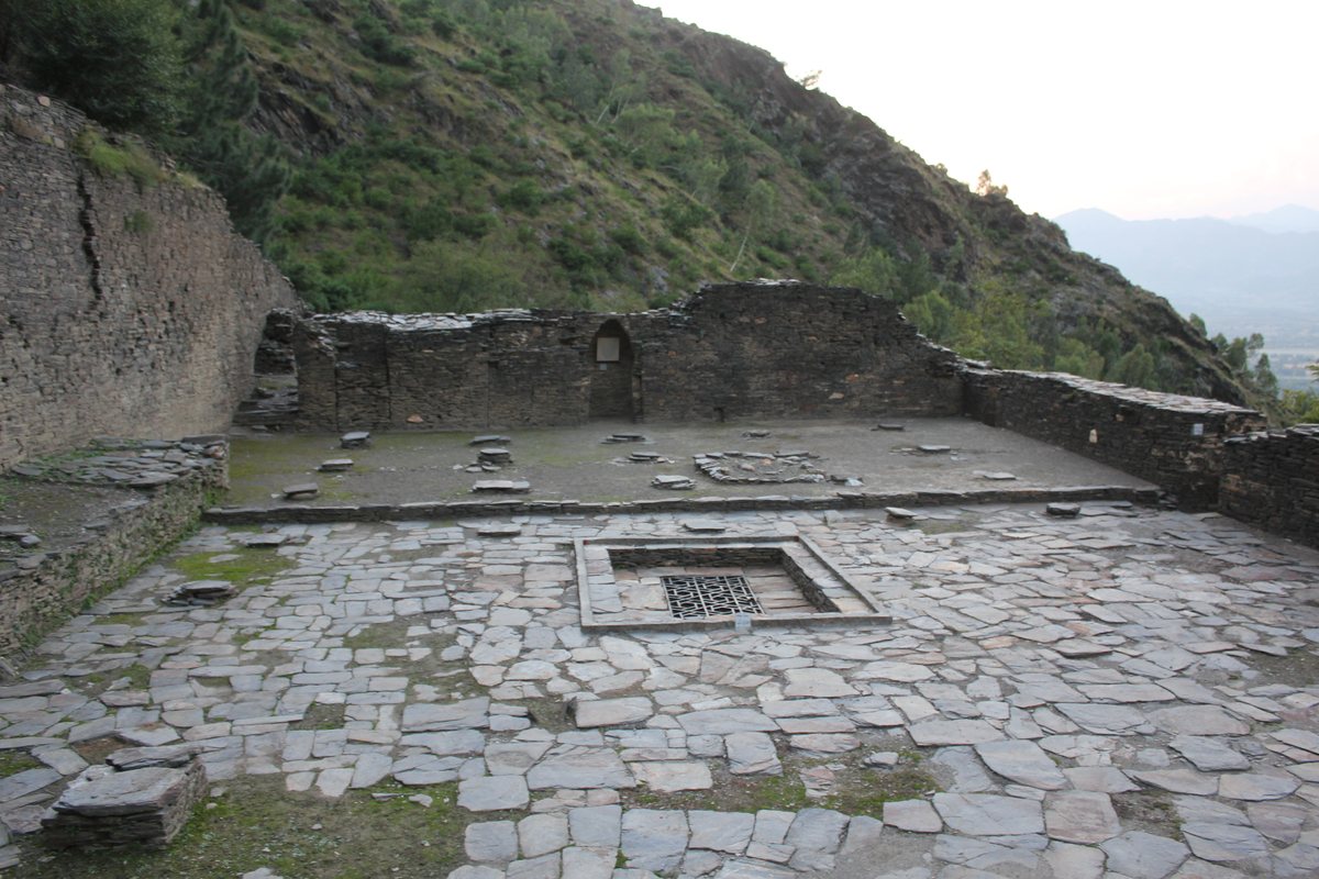 The excavated Ghaznavid mosque at Udegram below Raja Gira hill in Swat
