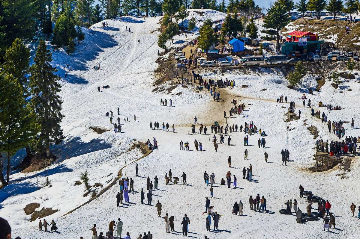 Sunny snow slope at Malam Jabba crowded with families, snow tubes and food stalls at the top