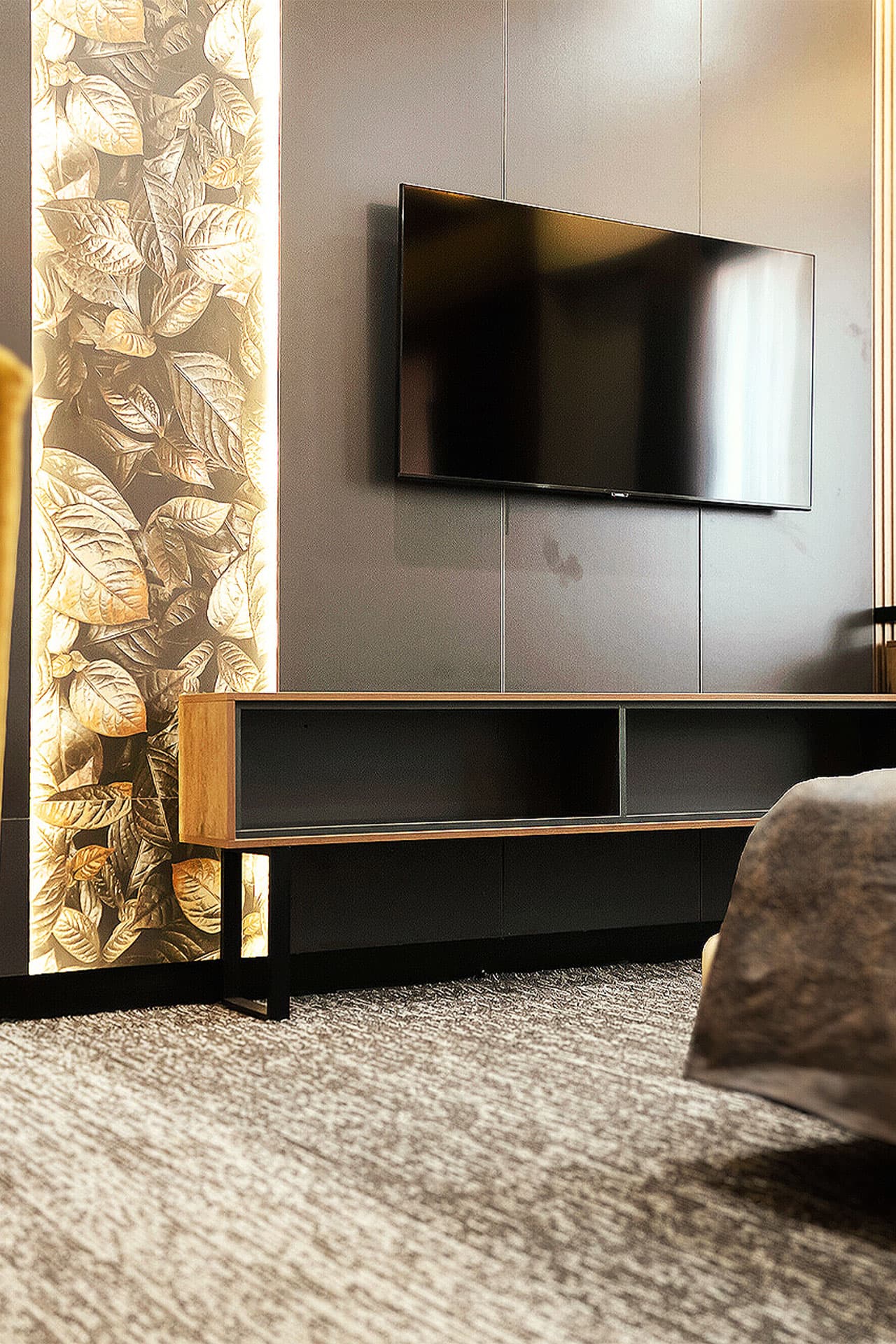 King Room mobile view with media wall, study table, TV, sofa, and bed at LEORK Hotels Rawalpindi Islamabad